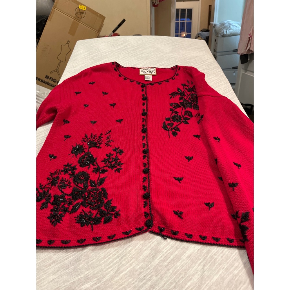 Vintage Heirloom Collectibles Red‎ Beaded Floral Cardigan Sweater Women's Medium